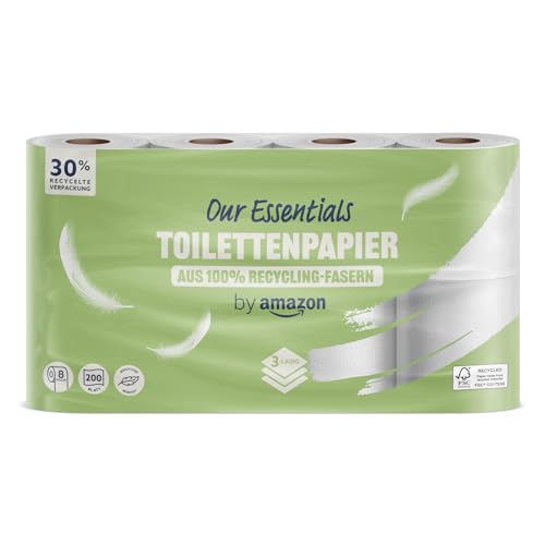 by Amazon ECO Toilettenpapier, 3-lagig 100% Recycelt, 8 Rollen (8 Rollen, 1-er Pack) 200 Blätter pro Rolle, FSC-Zertifiziert