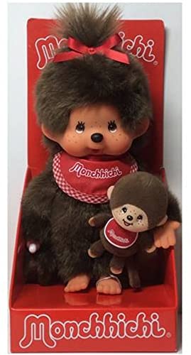 Sekiguchi 242184 - Original Monchhichi Mädchen mit Mini-Monchhichi, Plüschfigur mit rotem Lätzchen und Schleife im Haar, ca. 20 cm großes Kuscheltier aus braunem Plüsch