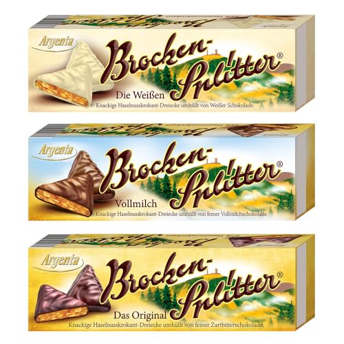 Argenta | Brocken Splitter Trio | Haselnusskrokant-Dreiecke in Schokolade | 3 x 62,5 g