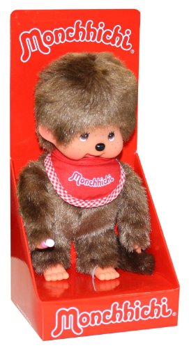 Sekiguchi 255010 - Original Monchhichi Junge, Plüschfigur mit rotem Latz und Zöpfen mit Schleifen, ca. 20 cm großes Kuscheltier aus braunem Plüsch