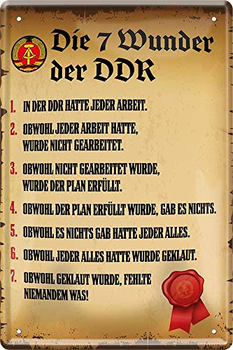 WOGEKA ART Retro Blechschild - Die 7 Wunder der DDR Ostalgie - witziger Spruch als Geschenk-Idee zum Geburtstag Weihnachten zur Dekoration 20x30 cm Vintage-Design aus Metall 396