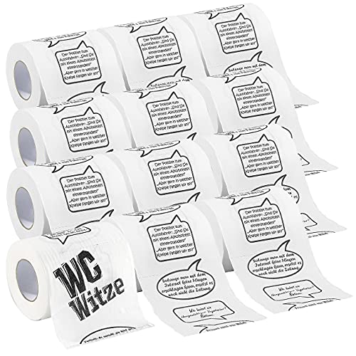 infactory Toilettenpapier lustig: 12er-Set Toilettenpapiere 'Witze', 2-lagig (Toilettenpapier witzig, Papier für die Toilette, Geschenkverpackung)
