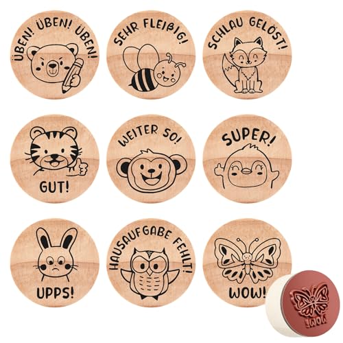 Faccito 9 Stück Holz Lehrer Stempel Motivstempel Stempel Set Tiere für Schulkind Gummi Schule Stempel Deko Stempel für Lehrer Belohnung Stempel Lob Stempel Geschenk für Lehrertag(Schnuckelig Stil)