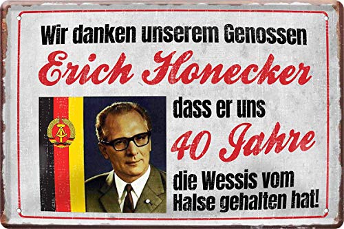 WOGEKA ART Retro Blechschild - Wir danken Erich Honecker Ostalgie Ossi - witziger Spruch als Geschenk-Idee zum Geburtstag Weihnachten Dekoration 20x30 cm Vintage-Design Metall 468